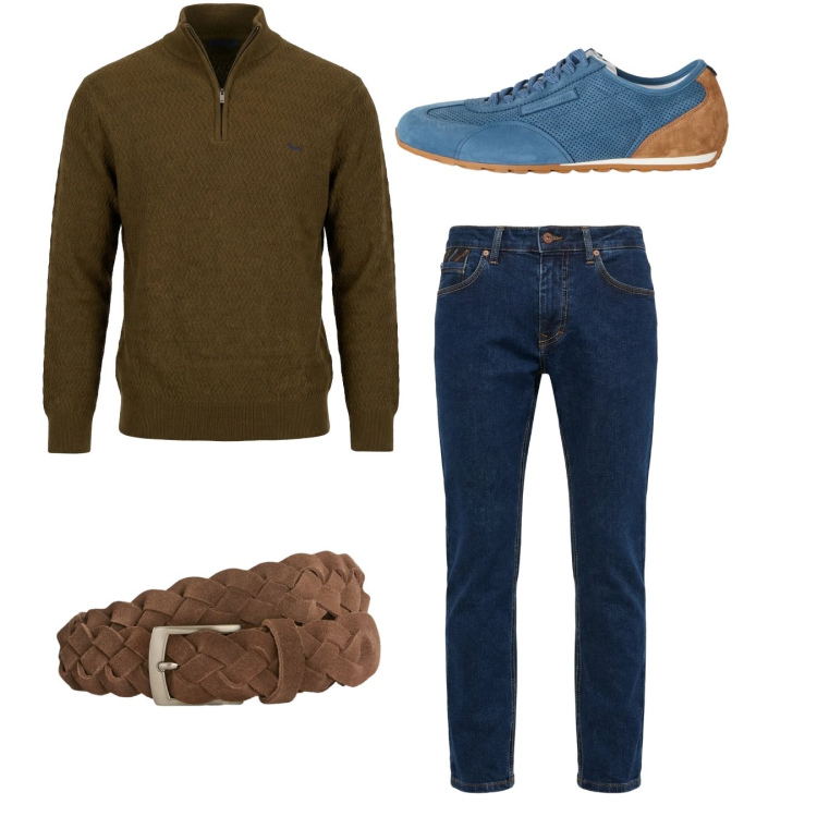 Outfit uomo - City. Abbinamento con sneakers, cinture, pullovers, jeans.