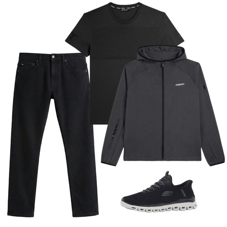 Outfit uomo - City. Stile Casual per Tutti i giorni. Abbinamento con sneakers, jeans, felpe con cappuccio, t-shirt.