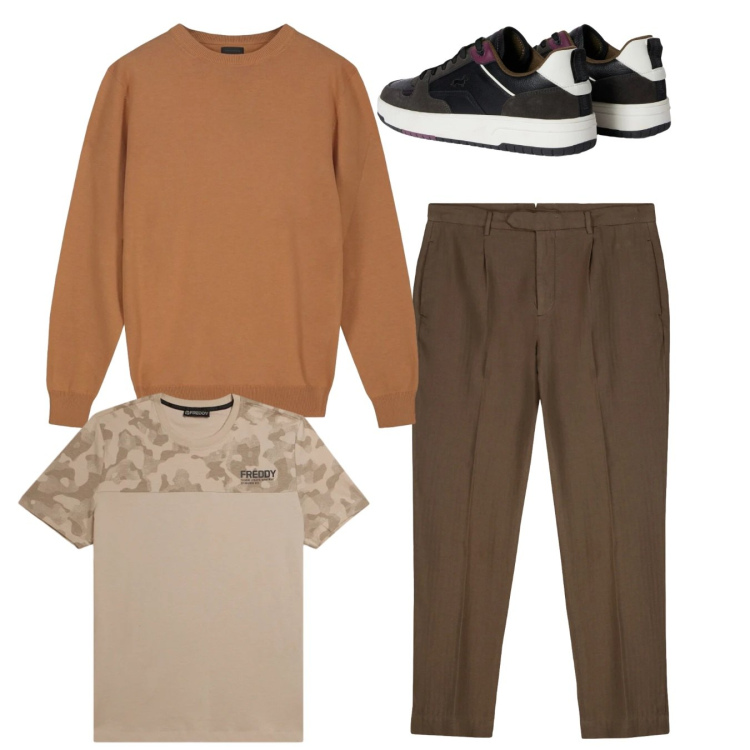Outfit uomo - City. Stile Casual per Tutti i giorni. Abbinamento con sneakers, t-shirt, pantaloni, maglieria.
