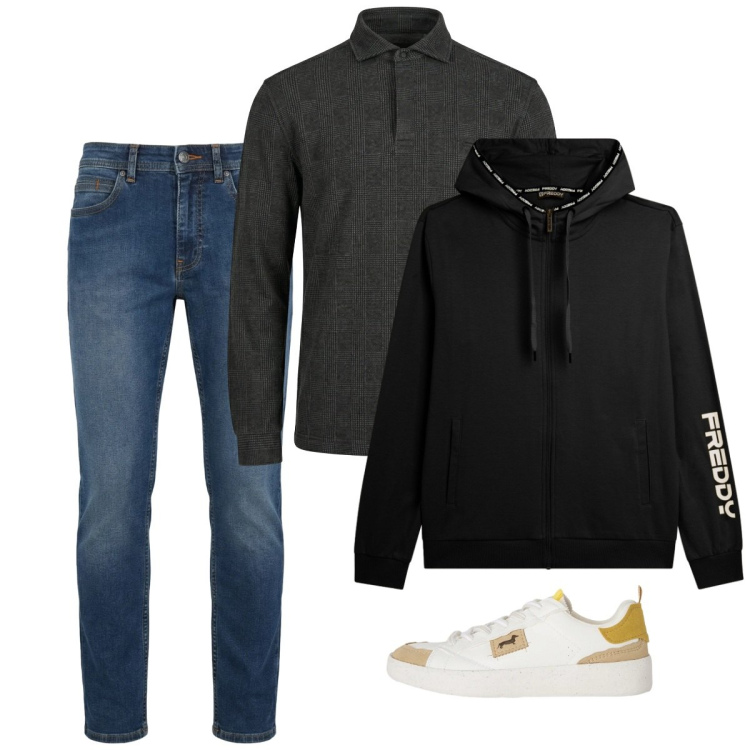Outfit uomo - City. Stile Casual per Tutti i giorni. Abbinamento con sneakers, polo, jeans, felpe con cappuccio.