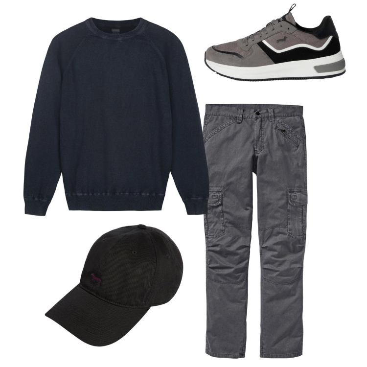 Outfit uomo - City. Stile Casual per Tutti i giorni. Abbinamento con pantaloni cargo, sneakers, cappelli con visiera, maglieria.