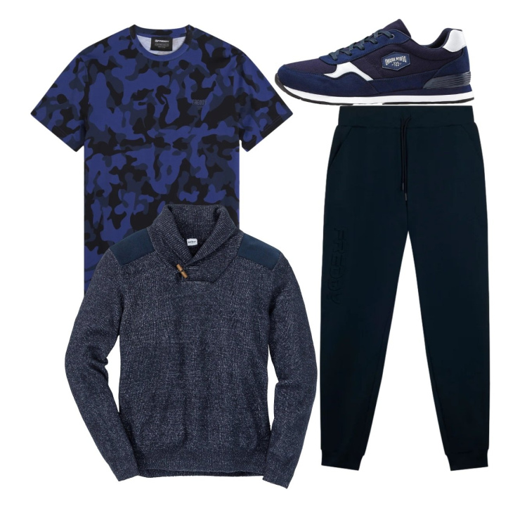 Outfit uomo - City. Stile Casual per Tutti i giorni. Abbinamento con maglieria, sneakers, pantaloni, t-shirt.