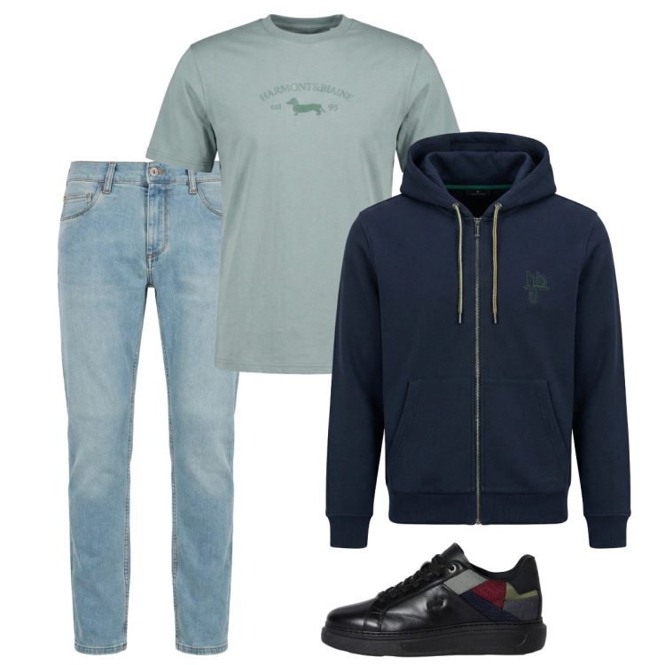 Outfit uomo - City. Stile Casual per Tutti i giorni. Abbinamento con jeans slim fit, t-shirt, sneakers, felpe con cappuccio.