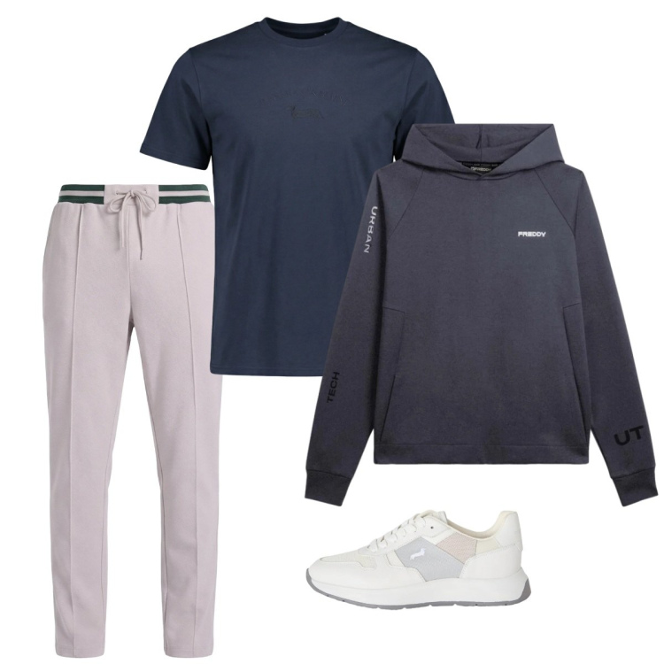 Outfit uomo - City. Stile Casual per Tutti i giorni. Abbinamento con t-shirt, sneakers, pantaloni, felpe con cappuccio.