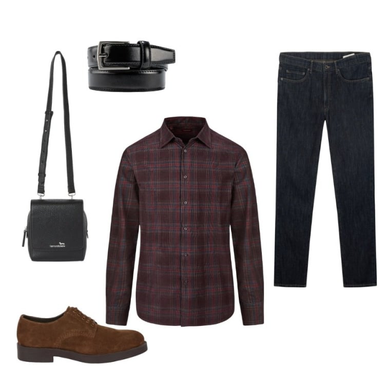 Outfit uomo - Total look #2349112. Stile Urban per Tutti i giorni. Abbinamento con borse sportive, camicie, scarpe stringate, jeans, cinture.