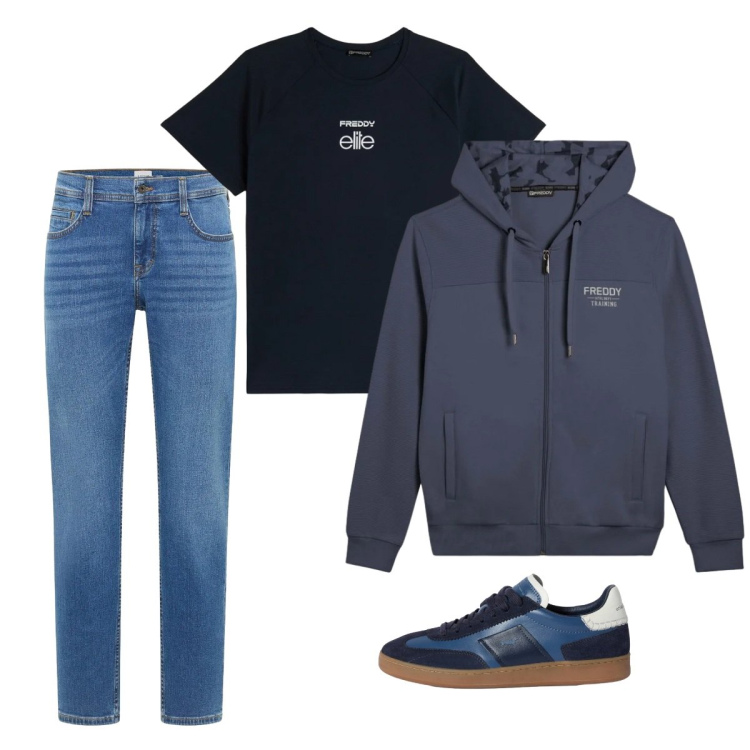 Outfit uomo - City. Stile Casual per Tutti i giorni. Abbinamento con jeans bootcut, sneakers, felpe con cappuccio, t-shirt.