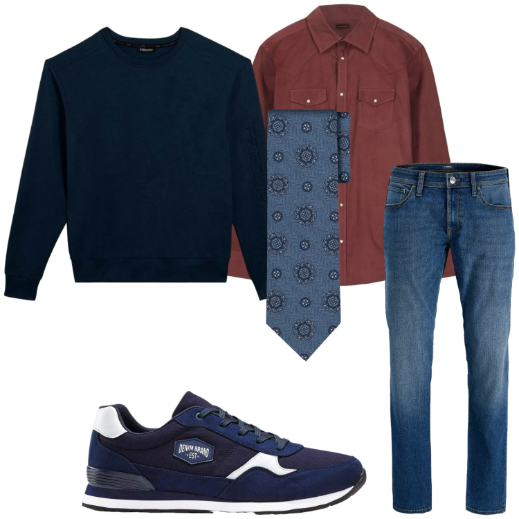 Outfit uomo - Sofisticato in jeans. Stile Trendy per Tutti i giorni. Abbinamento con sneakers, jeans, felpe, cravatte, camicie.