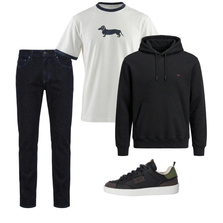 Outfit uomo - City. Stile Casual per Tutti i giorni. Abbinamento con sneakers, jeans, t-shirt, felpe con cappuccio.