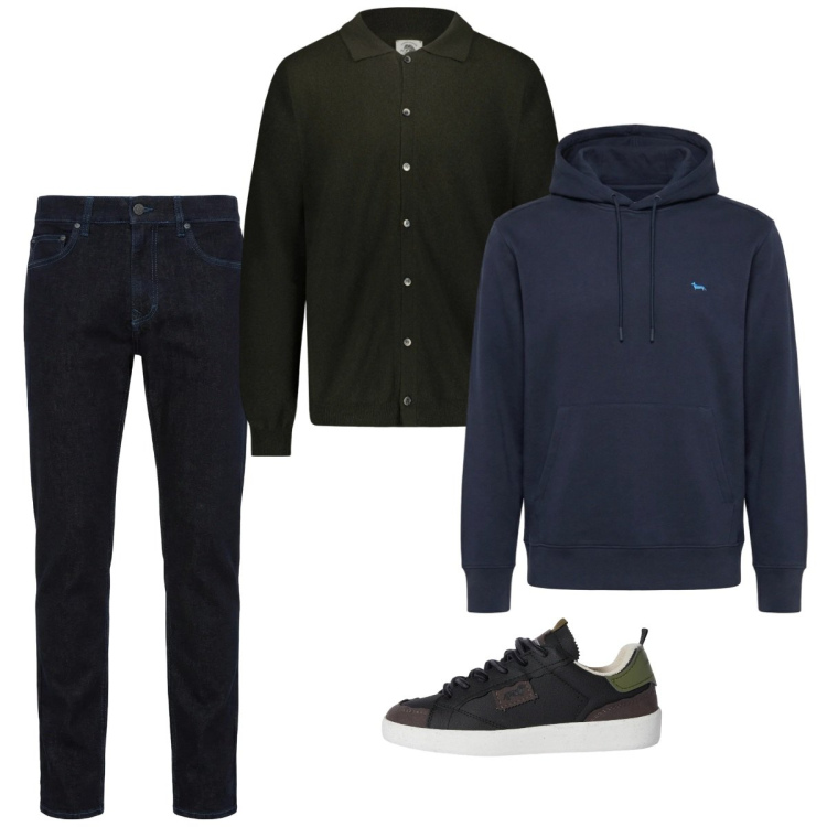 Outfit uomo - City. Stile Casual per Tutti i giorni. Abbinamento con felpe con cappuccio, sneakers, jeans, polo.