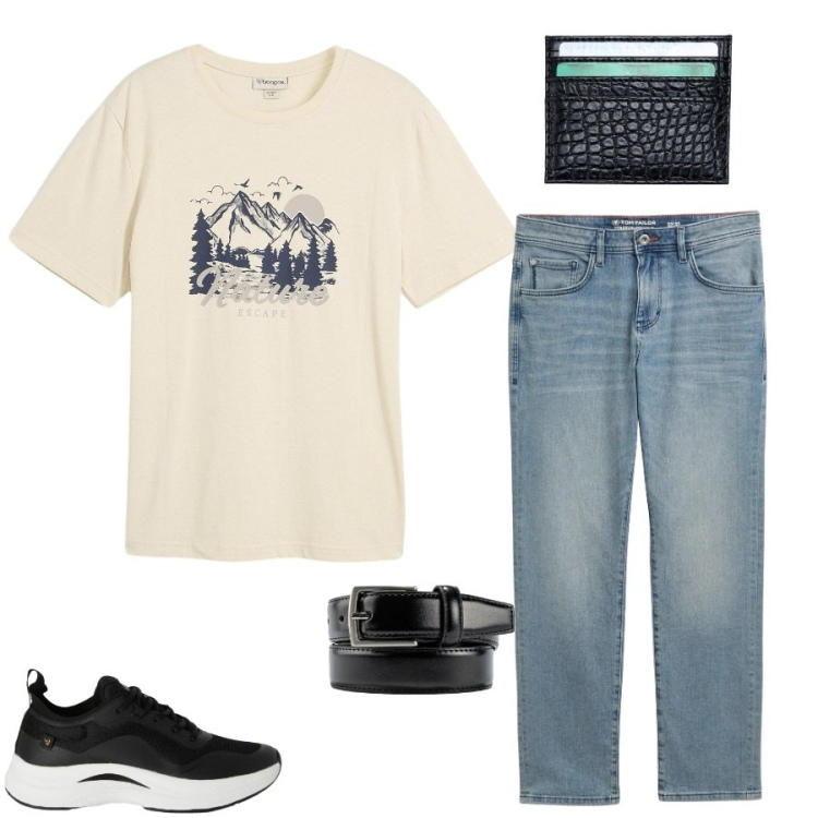 Outfit uomo - Total look #2349142. Stile Casual per Tutti i giorni. Abbinamento con t-shirt, jeans dritti, sneakers, portafogli, cinture.