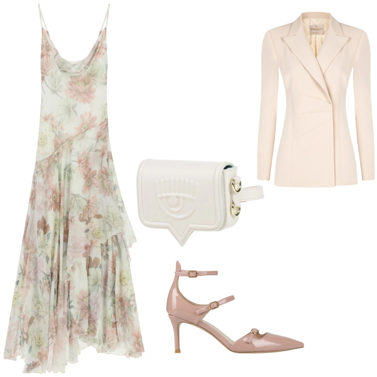 Outfit donna - Primavera. Stile Bon Ton per Cerimonia. Abbinamento con décolleté, marsupi, blazer, vestiti lunghi.