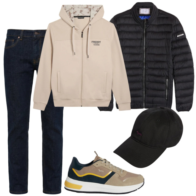 Outfit uomo - Total look #2349145. Stile Casual per Tutti i giorni. Abbinamento con sneakers, jeans, cappelli con visiera, piumini, felpe con cappuccio.