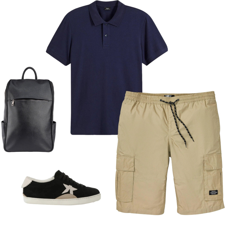 Outfit uomo - Urban City. Stile Urban per Tutti i giorni. Abbinamento con polo, bermuda, sneakers, borse sportive.