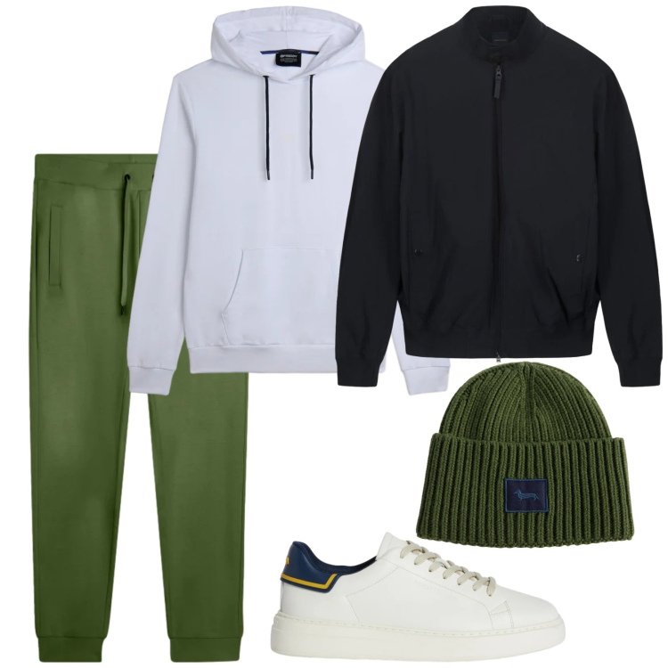 Outfit uomo - Total look #2349155. Stile Casual per Sport. Abbinamento con sneakers, berretti, pantaloni, felpe con cappuccio, bomber.