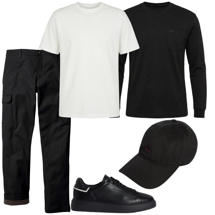 Outfit uomo - I cargo neri. Stile Casual per Tutti i giorni. Abbinamento con pantaloni cargo, t-shirt, sneakers, cappelli con visiera, t-shirt.
