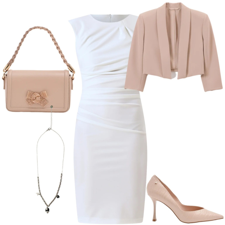 Outfit donna - Total look #2349164. Stile Chic per Cerimonia. Abbinamento con ciondoli, vestiti a tubino, bolero, pochette, décolleté.