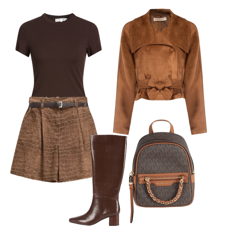 Outfit donna - Disinvolta in città. Stile Trendy per Tutti i giorni. Abbinamento con zaini, stivali, t-shirt, bermuda, giacche.