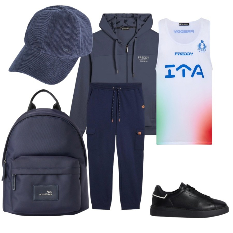 Outfit uomo - Total look #2349174. Stile Trendy per Tutti i giorni. Abbinamento con pantaloni sportivi, sneakers, cappelli con visiera, borse sportive, felpe con cappuccio, t-shirt sportive.