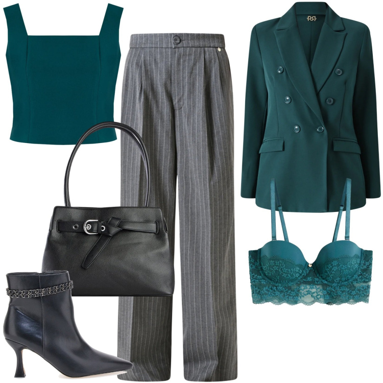 Outfit donna - Grigio e verde. Stile Casual chic per Tutti i giorni. Abbinamento con borse a mano, reggiseni a balconcino, pantaloni, blazer, top, stivaletti.