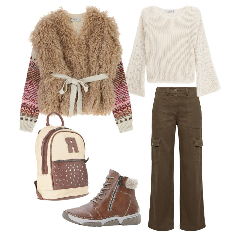 Outfit donna - Brown mood. Abbinamento con zaini, stivaletti, pantaloni cargo, maglieria, maglieria.