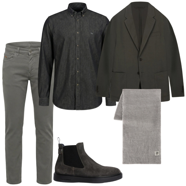 Outfit uomo - Only grey. Stile Business/Elegante per Ufficio. Abbinamento con pantaloni, stivali e stivaletti, camicie, sciarpe, giacche.