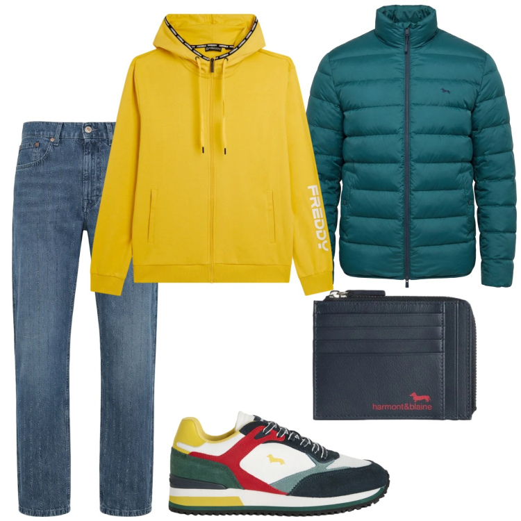 Outfit uomo - A tutto colore. Stile Casual per Tutti i giorni. Abbinamento con jeans, sneakers, portamonete, bomber, felpe con cappuccio.