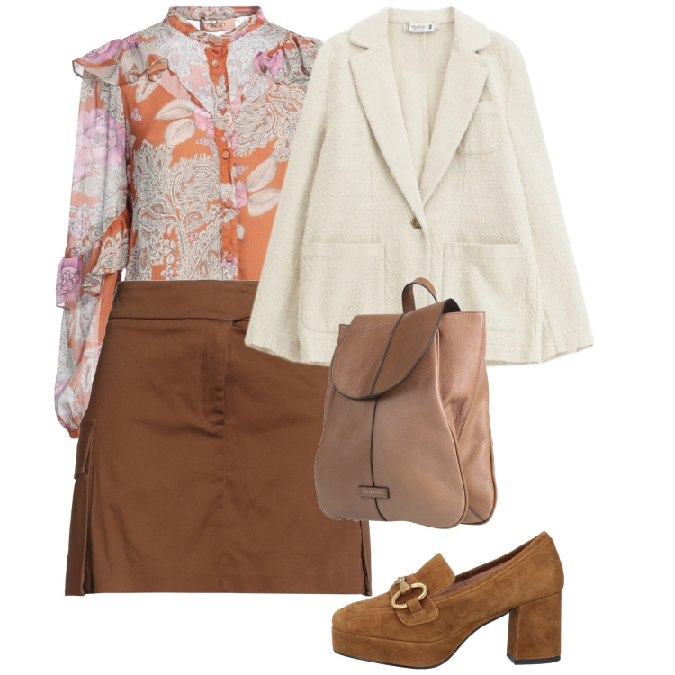 Outfit donna - Prima primavera. Stile Bon Ton per Tutti i giorni. Abbinamento con camicie, zaini, minigonne, mocassini, blazer.