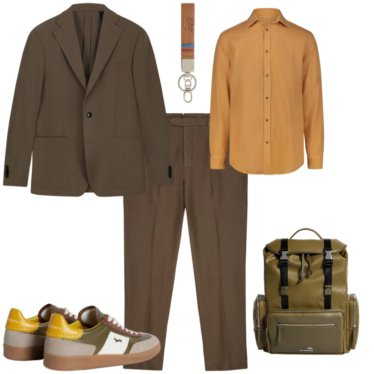 Outfit uomo - Trendy ufficio week end. Stile Trendy per Ufficio. Abbinamento con sneakers, portachiavi, borse sportive, giacche, pantaloni, camicie.