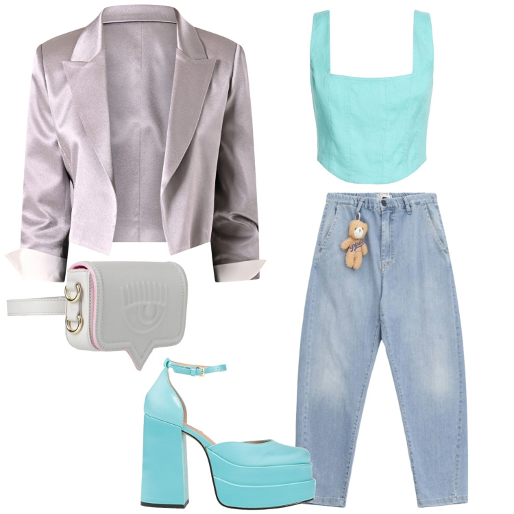 Outfit donna - Fashion stile. Abbinamento con marsupi, top, décolleté, jeans, bolero.