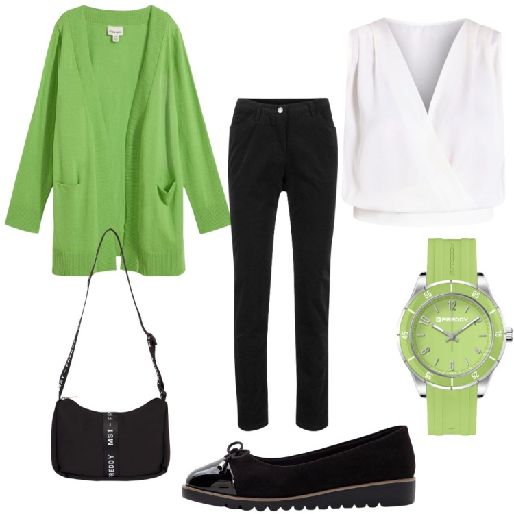 Outfit donna - Total look #2349203. Stile Casual chic per Tutti i giorni. Abbinamento con ballerine, pantaloni, cardigans, orologi, borse a tracolla, top.