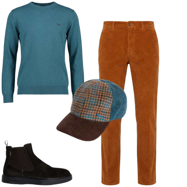 Outfit uomo - Total look #2349209. Stile Urban per Tutti i giorni. Abbinamento con pantaloni chino, cappelli con visiera, pullovers, stivali e stivaletti.