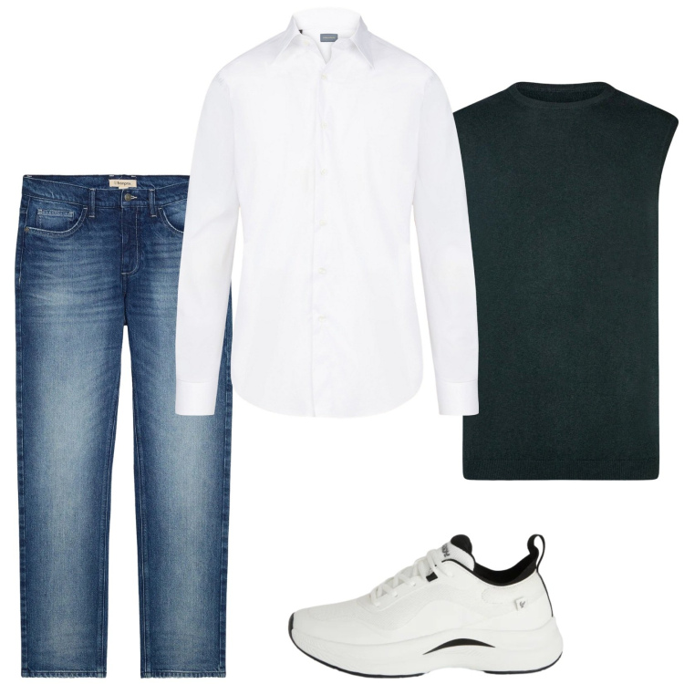 Outfit uomo - In pizzeria. Stile Trendy per Serata speciale. Abbinamento con jeans dritti, sneakers, camicie, gilet.