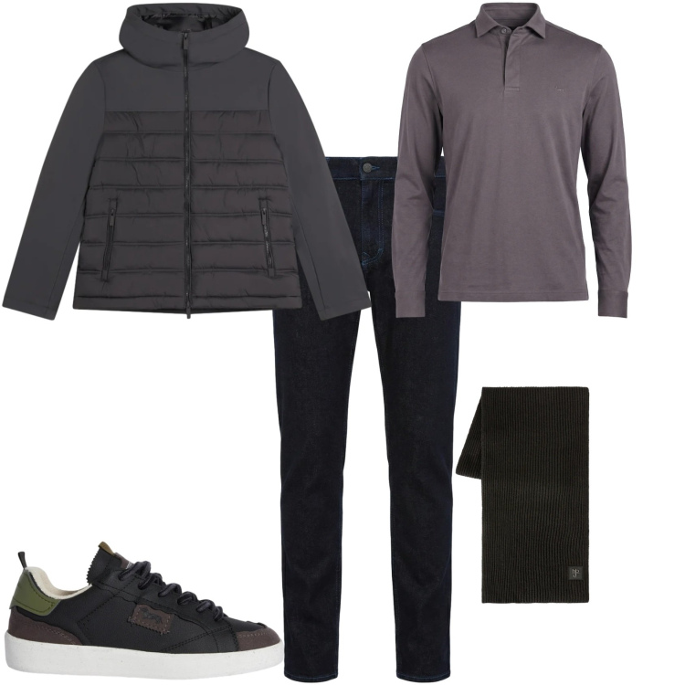 Outfit uomo - Trendy ufficio tempo libero. Stile Trendy per Tutti i giorni. Abbinamento con sciarpe, sneakers, jeans, polo, piumini.