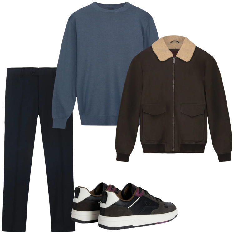 Outfit uomo - In velocità. Stile Casual per Tutti i giorni. Abbinamento con sneakers, maglieria, bomber, pantaloni.