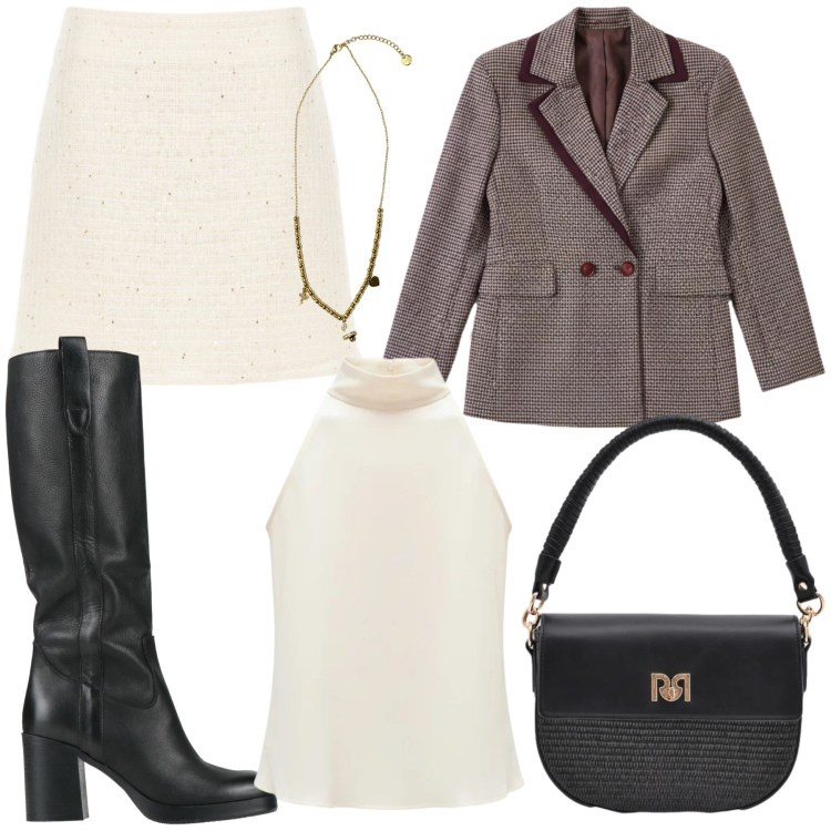 Outfit donna - Total look #2349220. Stile Casual chic per Serata fuori. Abbinamento con stivali, ciondoli, borse a spalla, top, minigonne, blazer.