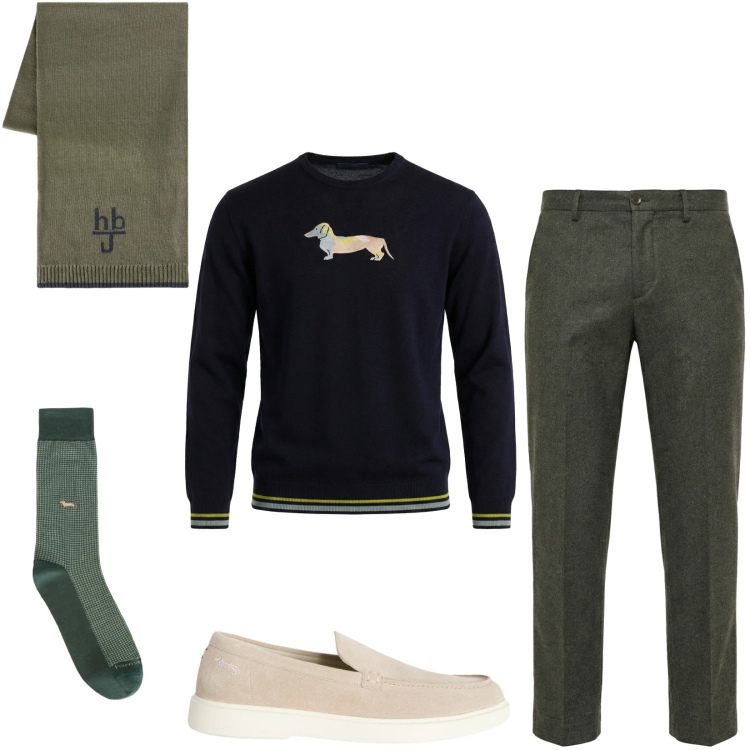 Outfit uomo - Total look #2349228. Stile Trendy per Tutti i giorni. Abbinamento con pantaloni chino, pullovers, scarpe stringate, sciarpe, calzini.