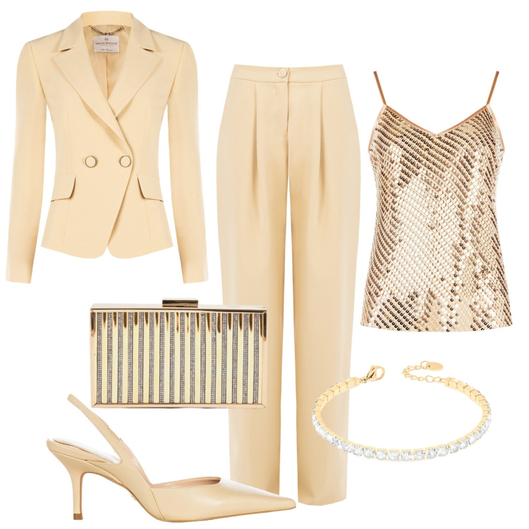 Outfit donna - Evento brillante in primavera. Stile Chic per Cerimonia. Abbinamento con clutch, pantaloni, canottiere, décolleté, blazer, braccialetti.