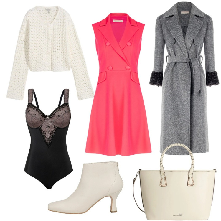 Outfit donna - Total look #2349235. Stile Romantica per Ufficio. Abbinamento con stivaletti, body, cardigans, shopping bag, vestiti a tubino, cappotti.
