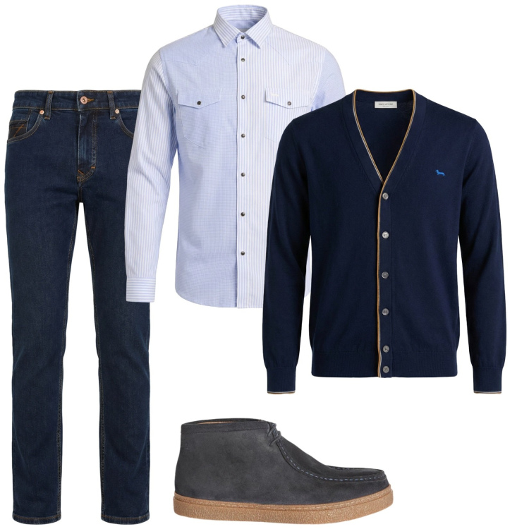 Outfit uomo - Jeans camicia e cardigan. Stile Casual per Tutti i giorni. Abbinamento con stivali e stivaletti, jeans, cardigans, camicie.