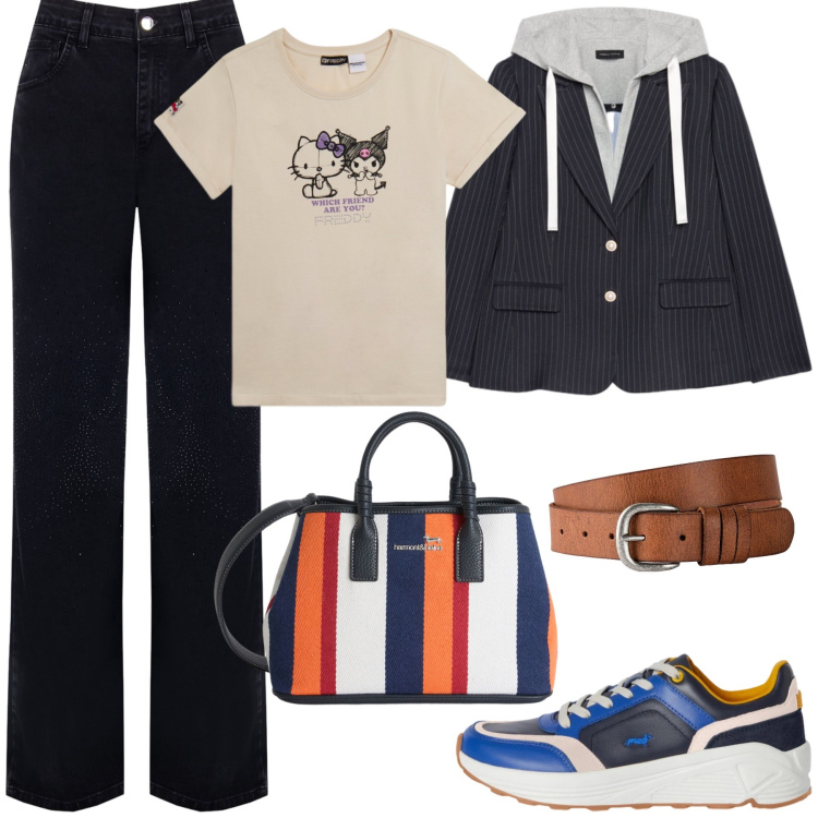 Outfit donna - Total look #2349248. Stile Casual chic per Tutti i giorni. Abbinamento con cinture, sneakers, shopping bag, blazer, t-shirt, jeans dritti.