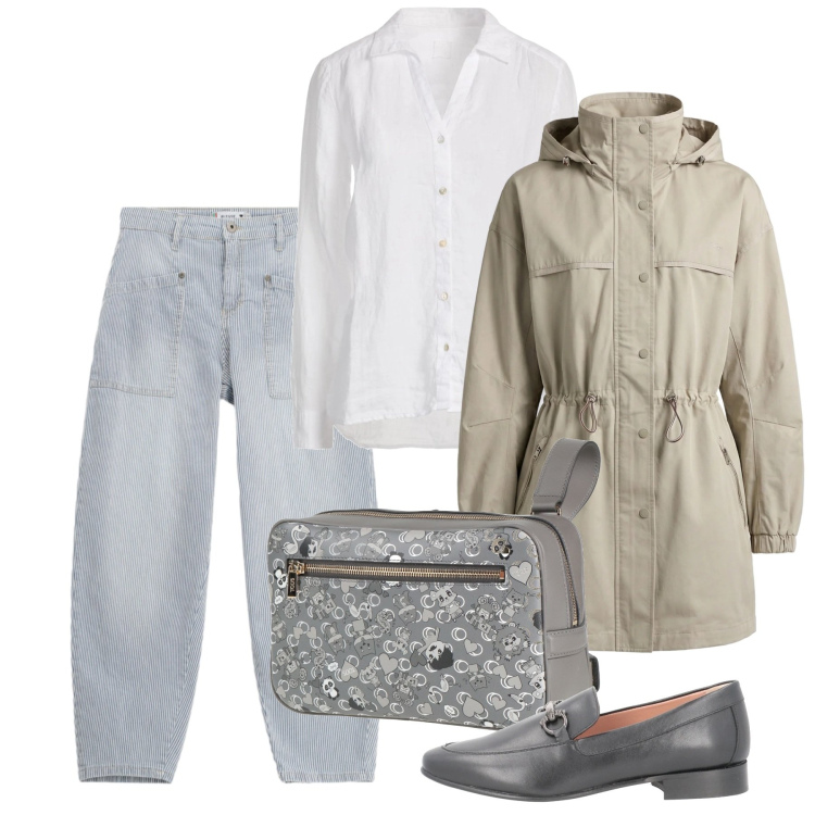 Outfit donna - Febbraio. Stile Bon Ton per Tutti i giorni. Abbinamento con marsupi, mocassini, camicie, parka, jeans.