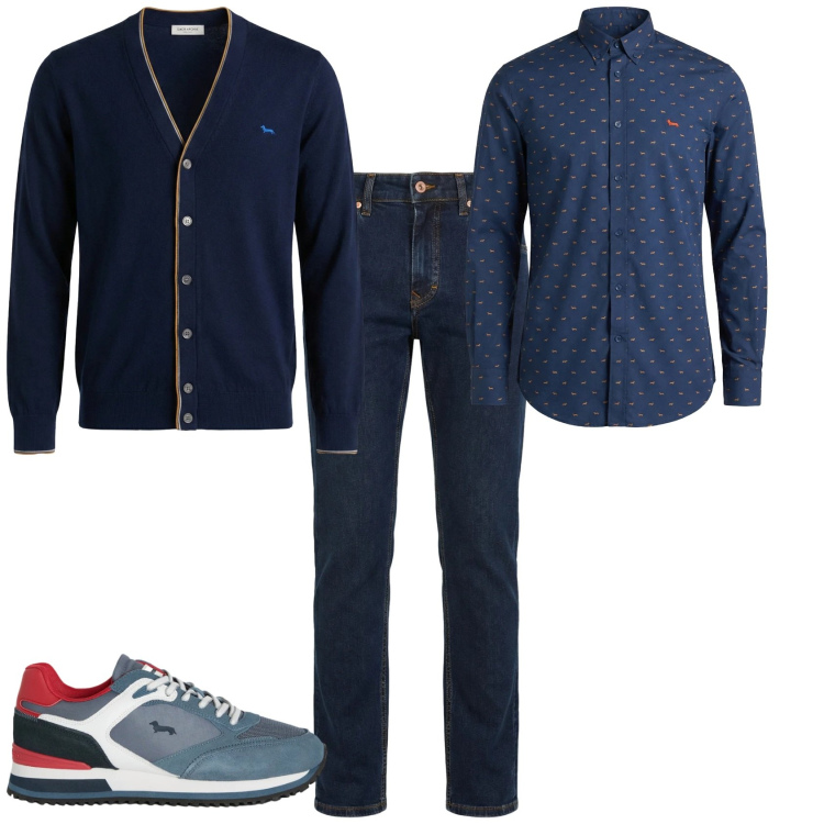 Outfit uomo - Trendy ufficio tempo libero. Stile Trendy per Ufficio. Abbinamento con sneakers, jeans, cardigans, camicie.
