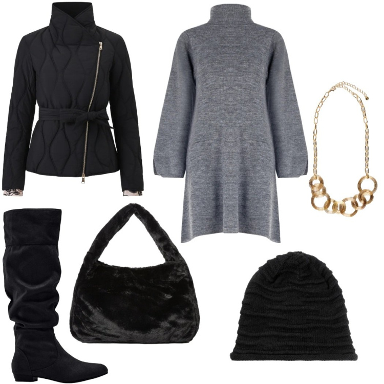 Outfit donna - Total look #2349281. Stile Casual per Tutti i giorni. Abbinamento con stivali, berretti, collane, borse a spalla, vestiti corti, piumini.