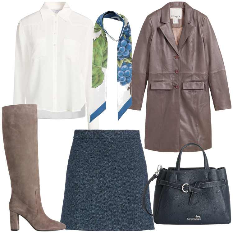 Outfit donna - Sciarpa particolare. Stile Casual chic per Serata fuori. Abbinamento con minigonne, camicie, sciarpe, stivali, cappotti, borse a mano.