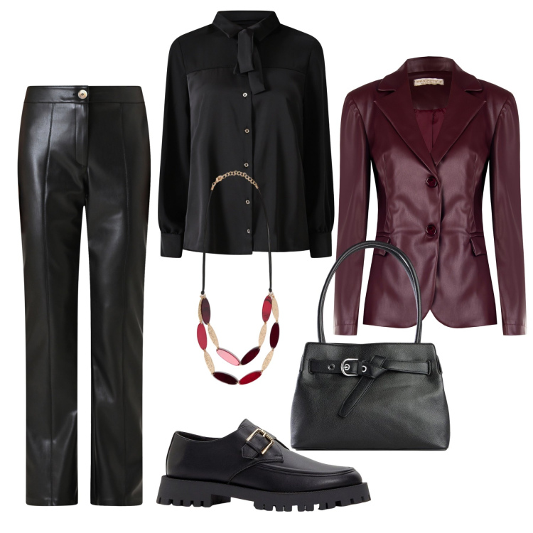 Outfit donna - Twist bordeaux as a man. Stile Mannish per Ufficio. Abbinamento con mocassini, borse a mano, collane, pantaloni, camicie, blazer.