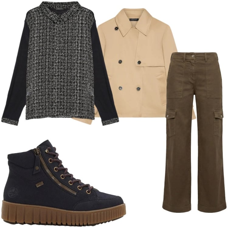 Outfit donna - Total look #2349287. Abbinamento con sneakers alte, pantaloni cargo, camicie, trench.