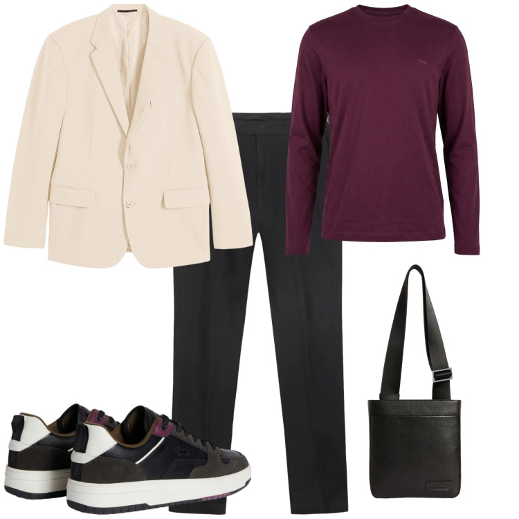 Outfit uomo - Business week end. Stile Business/Elegante per Ufficio. Abbinamento con giacche, t-shirt, sneakers, borse sportive, pantaloni.