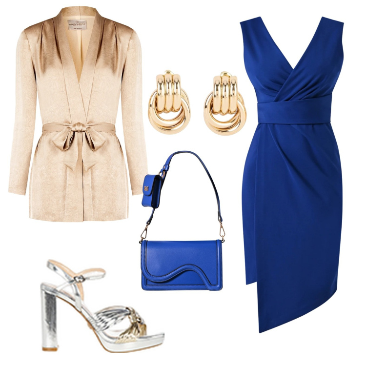 Outfit donna - Blu ceruleo per cena. Stile Glamour per Serata fuori. Abbinamento con orecchini, vestiti a tubino, sandali in pelle, pochette, blazer.