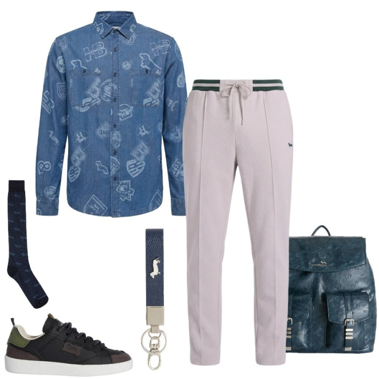 Outfit uomo - Total look #2349305. Stile Casual per Tutti i giorni. Abbinamento con sneakers, portachiavi, camicie, borse sportive, calzini, pantaloni.