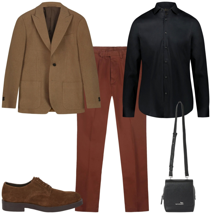 Outfit uomo - Business. Stile Business/Elegante per Ufficio. Abbinamento con borse sportive, pantaloni, camicie, scarpe stringate, giacche.